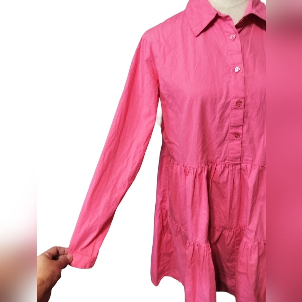 2561)New York & Co Pink Button down Tiered Poplin Long Sleeve Shirt Dress Size L - Picture 3 of 10